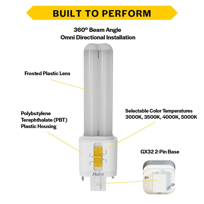 Halco PLD7O-8CS-HYB-GX32-LED2 LED Double Tube Omni-Directional Plug-In Lamp Gx32 2-Pin Base 7W CCT Selectable 3000K/3500K/4000K/5000K Hybrid Type A-Type B Non-Dimmable (82847)