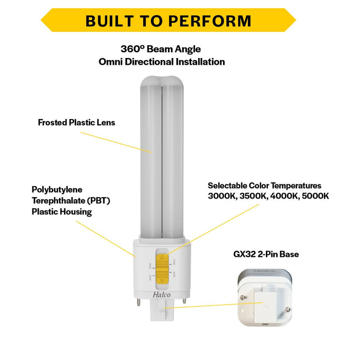 Halco PLD9O-8CS-HYB-GX32-LED2 LED Double Tube Omni-Directional Plug-In Lamp Gx32 2-Pin Base 9W CCT Selectable 3000K/3500K/4000K/5000K Hybrid Type A-Type B Non-Dimmable (82848)