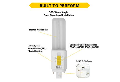 Halco PLD5O-8CS-HYB-G24D-LED2 LED Double Tube Omni-Directional Plug-In Lamp G24D 2-Pin Base 5.5W CCT Selectable 3000K/3500K/4000K/5000K Hybrid Type A Type B Non-Dimmable (82849)
