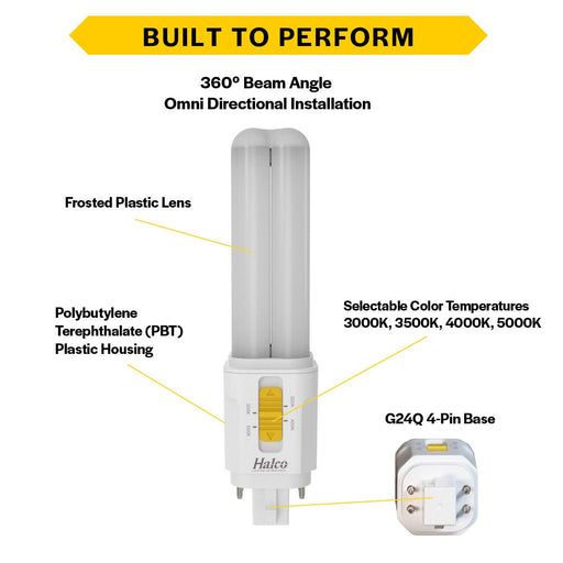 Halco PLD7O-8CS-HYB-G24Q-LED2-D LED Double Tube Omni-Directional Plug-In Lamp G24Q 4-Pin Base 7W CCT Selectable 3000K/3500K/4000K/5000K Hybrid Type A-Type B Dimmable (82850)