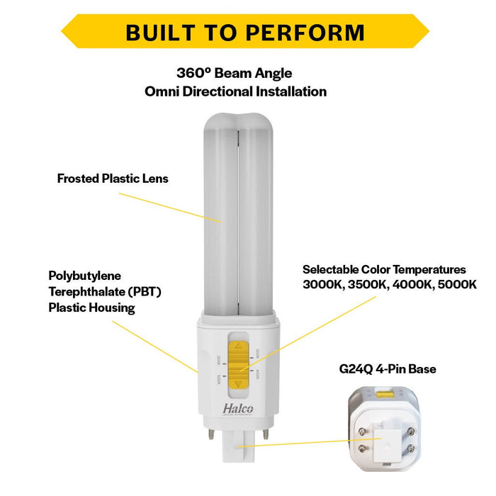 Halco PLD7O-8CS-HYB-G24Q-LED2-D LED Double Tube Omni-Directional Plug-In Lamp G24Q 4-Pin Base 7W CCT Selectable 3000K/3500K/4000K/5000K Hybrid Type A-Type B Dimmable (82850)