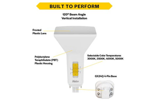 Halco PLD9V-8CS-DIR-G24Q-LED2-D LED Double Tube Vertical Plug-In Lamp G24Q 4-Pin Base 9.5W CCT Selectable 3000K/3500K/4000K/5000K Ballast Compatible Type A Dimmable (82854)