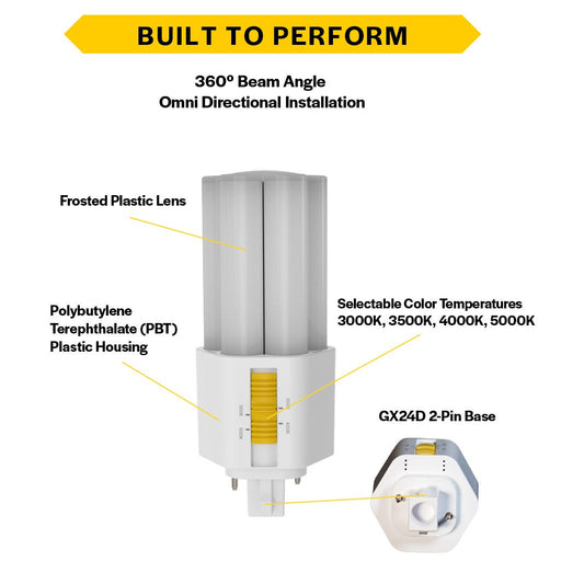 Halco PLT7O-8CS-BYP-GX24D-LED2 LED Triple Tube Omni-Directional Plug-In Lamp Gx24D 2-Pin Base 7W CCT Selectable 3000K/3500K/4000K/5000K Ballast Bypass Type B Non-Dimmable (82855)