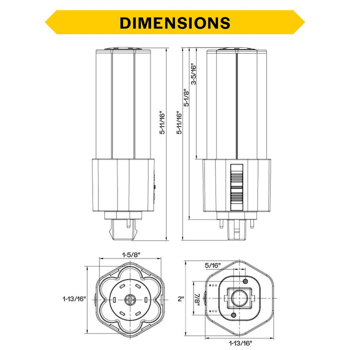 Halco PLT9O-8CS-BYP-GX24D-LED2 LED Triple Tube Omni-Directional Plug-In Lamp Gx24D 2-Pin Base 9W CCT Selectable 3000K/3500K/4000K/5000K Ballast Bypass Type B Non-Dimmable (82856)