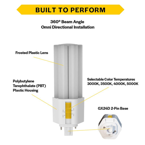 Halco PLT9O-8CS-BYP-GX24D-LED2 LED Triple Tube Omni-Directional Plug-In Lamp Gx24D 2-Pin Base 9W CCT Selectable 3000K/3500K/4000K/5000K Ballast Bypass Type B Non-Dimmable (82856)