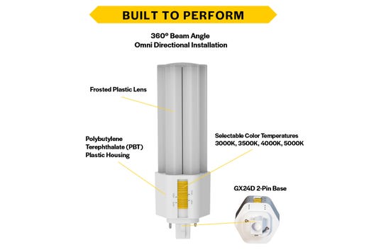 Halco PLT15O-8CS-BYP-GX24D-LED2 LED Triple Tube Omni-Directional Plug-In Lamp GX24D 2-Pin Base 15W CCT Selectable 3000K/3500K/4000K/5000K Ballast Bypass Type B Non-Dimmable (82857)