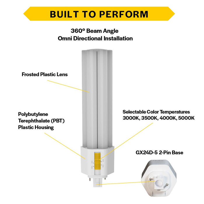 Halco PLT23O-8CS-BYP-GX24D-5-LED2 LED Triple Tube Omni-Directional Plug-In Lamp Gx24D-5 2-Pin Base 23W CCT Selectable 3000K/3500K/4000K/5000K Ballast Bypass Type B Non-Dimmable (82859)