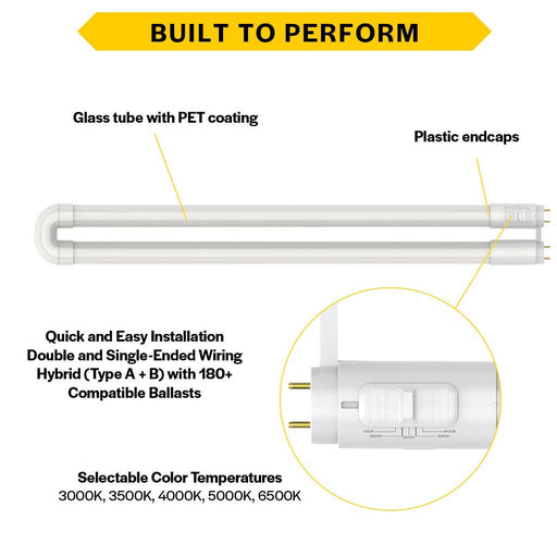 Halco T8U1-8CS-HYB-D-LED LED T8 U-Bend Medium Bi-Pin G13 Base 1-5/8 Inch Spacing Hybrid Type A/B 15W CCT Selectable 3000K/3500K/4000K/5000K/6500K 120-277V Dimmable (82394)