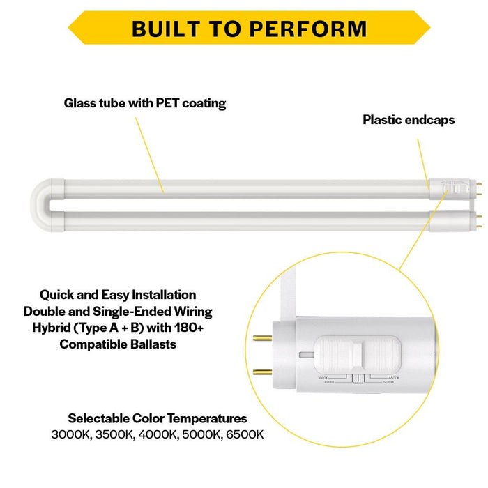 Halco T8U1-8CS-HYB-D-LED LED T8 U-Bend Medium Bi-Pin G13 Base 1-5/8 Inch Spacing Hybrid Type A/B 15W CCT Selectable 3000K/3500K/4000K/5000K/6500K 120-277V Dimmable (82394)