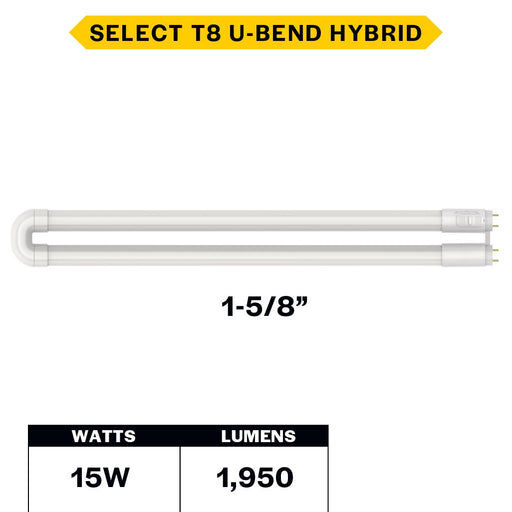 Halco T8U1-8CS-HYB-D-LED LED T8 U-Bend Medium Bi-Pin G13 Base 1-5/8 Inch Spacing Hybrid Type A/B 15W CCT Selectable 3000K/3500K/4000K/5000K/6500K 120-277V Dimmable (82394)