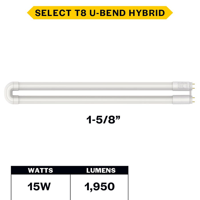 Halco T8U1-8CS-HYB-D-LED LED T8 U-Bend Medium Bi-Pin G13 Base 1-5/8 Inch Spacing Hybrid Type A/B 15W CCT Selectable 3000K/3500K/4000K/5000K/6500K 120-277V Dimmable (82394)