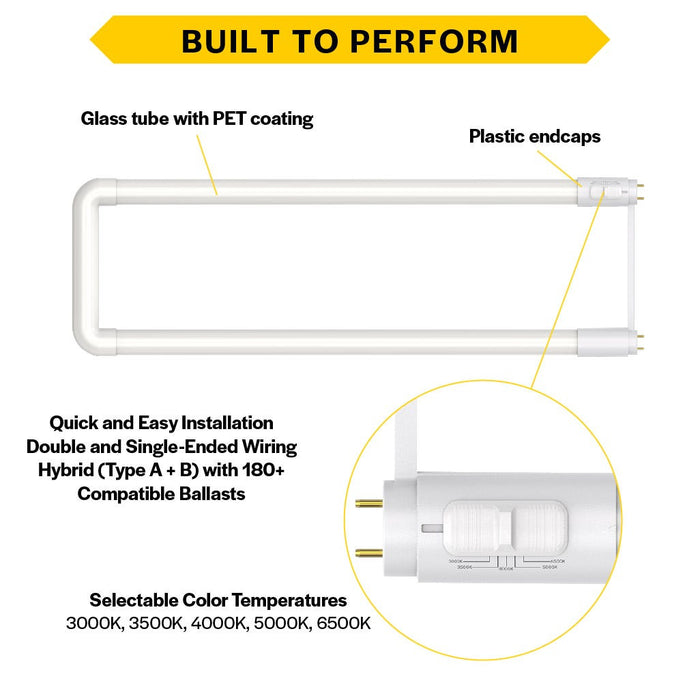Halco T8U6-8CS-HYB-D-LED LED T8 U-Bend Medium Bi-Pin G13 Base 6 Inch Spacing Hybrid Type A/B 15W CCT Selectable 3000K/3500K/4000K/5000K/6500K 1950Lm 120-277V Dimmable (82395)
