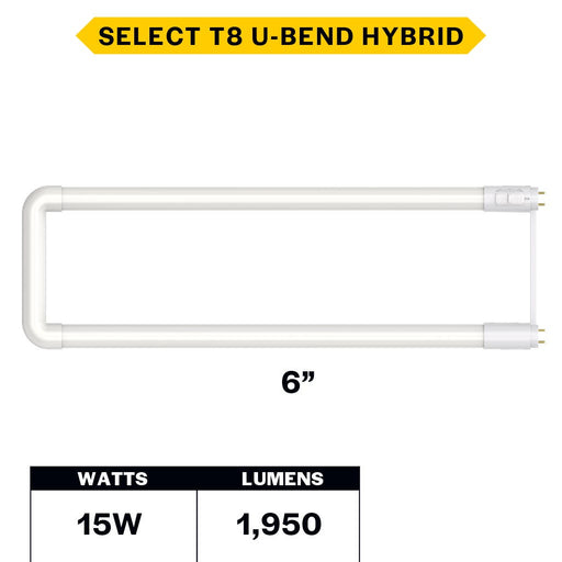 Halco T8U6-8CS-HYB-D-LED LED T8 U-Bend Medium Bi-Pin G13 Base 6 Inch Spacing Hybrid Type A/B 15W CCT Selectable 3000K/3500K/4000K/5000K/6500K 1950Lm 120-277V Dimmable (82395)