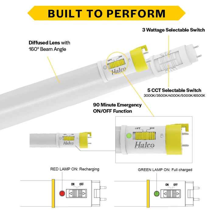 Halco T8EM-24FR09-CSBYP-LED-UL924-2PK 24 Inch LED Emergency Linear T8 Tube G13 Base Wattage/CCT Selectable 7W/8W/9W 3000K/3500K/4000K/5000K/6500K 120-277V 90-Minute Battery Backup 2-Pack (82384)