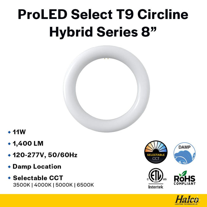 Halco T9C8-8CS-HYB-LED LED Circline 8 Inch T9 G10Q Base 11W Hybrid Type A/B CCT Selectable 3500K/4000K/5000K/6500K 1400Lm 120-277V Non-Dimmable (87506)