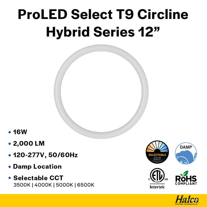 Halco T9C12-8CS-HYB-LED LED Circline 12 Inch T9 G10Q Base 16W Hybrid Type A/B CCT Selectable 3500K/4000K/5000K/6500K 2000Lm 120-277V Non-Dimmable (87507)