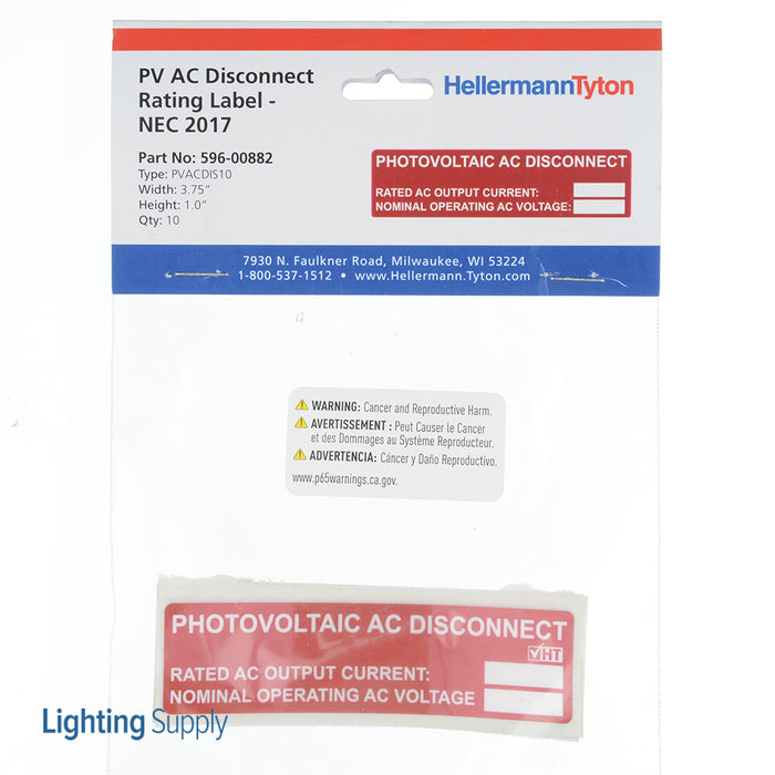 HellermannTyton Solar Label Pre-Printed 2017 Code Photovoltaic AC Disconnect 3.75 Inch X 1.0 Inch Polyester Red 10 Per Package (596-00882)