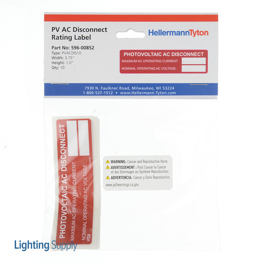 HellermannTyton Solar Label Printable Photovoltaic AC Disconnect 3.75 Inch X 1.0 Inch Polyester Red 10 Per Package (596-00852)
