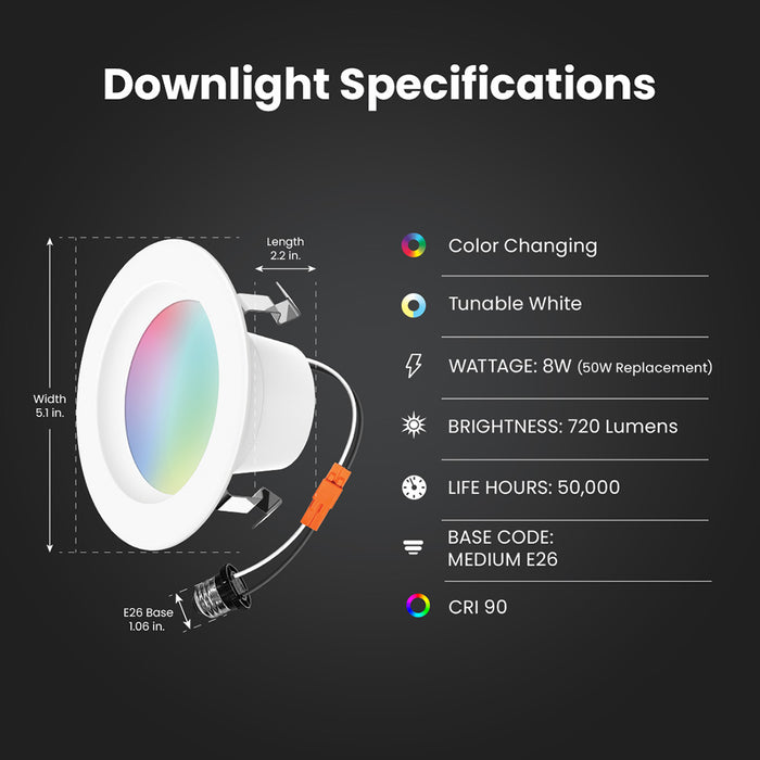 Feit Electric 4 Inch 8W [50W Equivalent] Color Changing Alexa/Google/Siri/Smart Wi-Fi Recessed Downlight CCT Selectable 2700K-6500K (LEDR4/RGBW/AG)