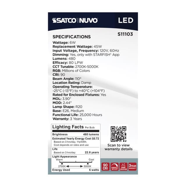 SATCO/NUVO Starfish 6W LED R20 Medium E26 Base 2700K-5000K RGBTW 120V 480Lm 90 CRI Dimmable White (S11103)