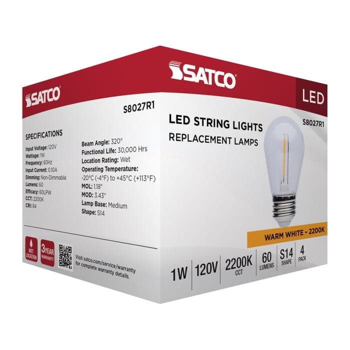 SATCO/NUVO 1W LED String Light Replacement S14 Lamp Medium E26 Base 60Lm 2200K 120V Non-Dimmable Clear 4-Pack (S8027R1)