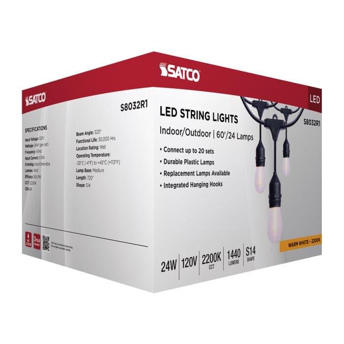 SATCO/NUVO 60 Foot LED String Light [24] S14 Lamps 2200K 120V Non-Dimmable Black Wire (S8032R1)