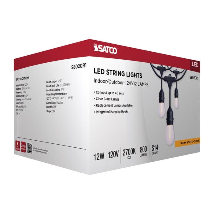 SATCO/NUVO 24 Foot LED String Light [12] S14 Lamps 2700K 120V Non-Dimmable Black Wire (S8020R1)