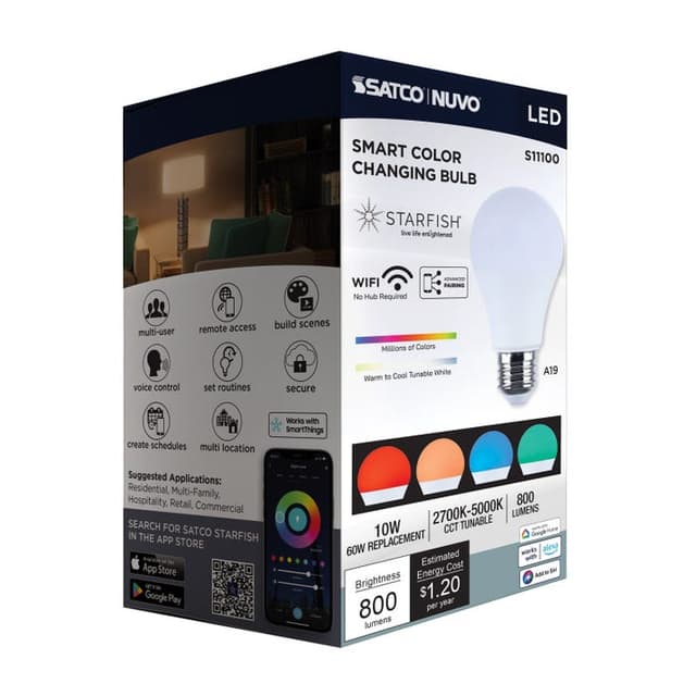 SATCO/NUVO Starfish 10W LED A19 Medium E26 Base 2700K-5000K RGBTW 120V 800Lm 90 CRI Dimmable White (S11100)