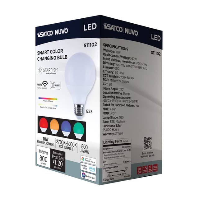 SATCO/NUVO Starfish 10W LED G25 Medium E26 Base 2700K-5000K RGBTW 120V 800Lm 90 CRI Dimmable White (S11102)