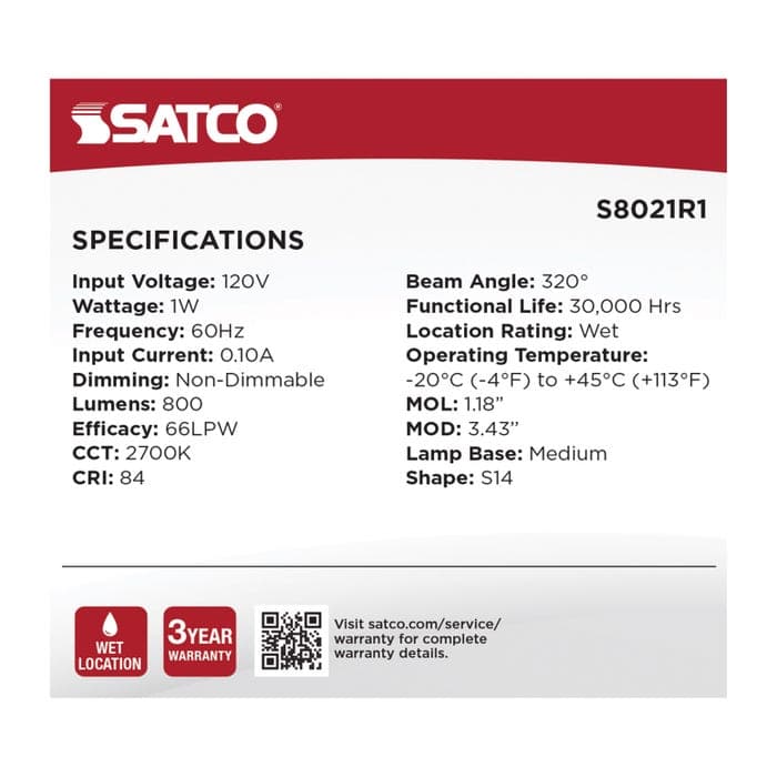 SATCO/NUVO 1W LED String Light Replacement S14 Lamp Medium E26 Base 67Lm 2700K 120V Non-Dimmable Clear 4-Pack (S8021R1)