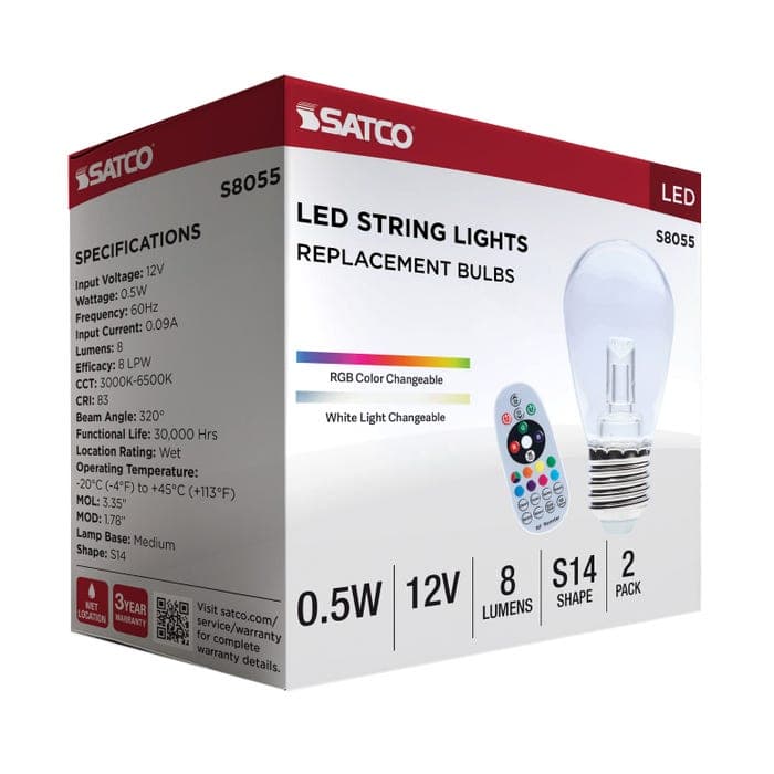 SATCO/NUVO 0.5W LED String Light Replacement S14 Lamp Medium E26 Base 8Lm RGBTW 12V Dimmable Clear 2-Pack (S8055)