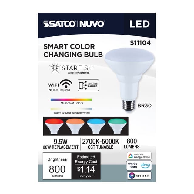 SATCO/NUVO Starfish 9.5W LED BR30 Medium E26 Base 2700K-5000K RGBTW 120V 800Lm 90 CRI Dimmable White (S11104)