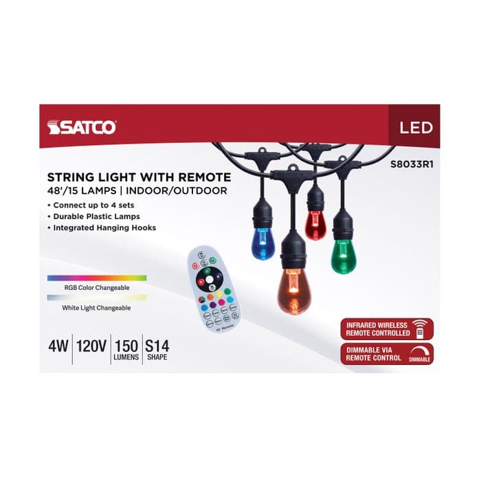 SATCO/NUVO 48 Foot LED String Light [15] S14 Lamps RGBTW 120V Dimmable Black Wire Infrared Remote (S8033R1)