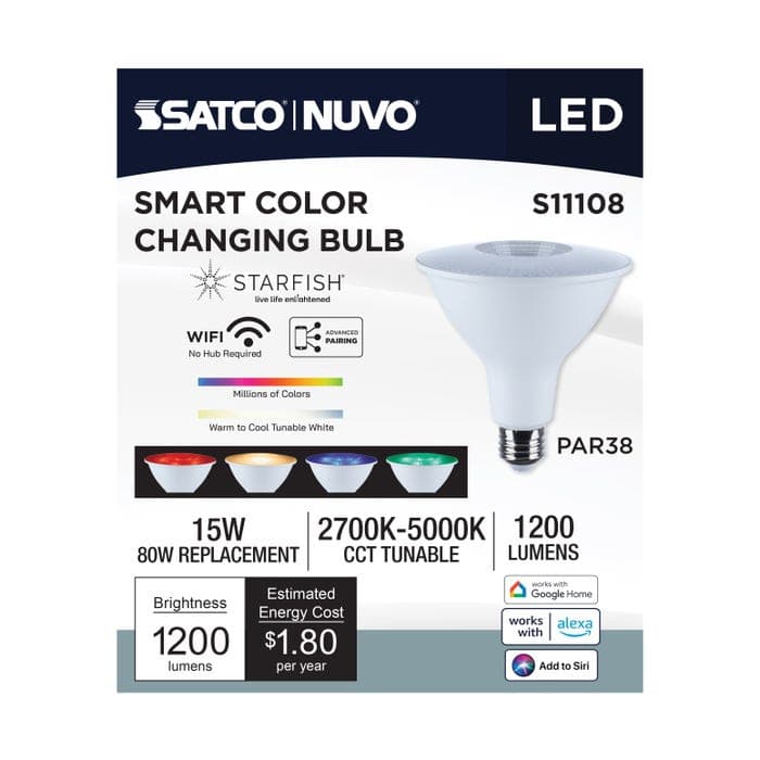 SATCO/NUVO Starfish 15W LED PAR38 Medium E26 Base 2700K-5000K RGBTW 120V 1200Lm 90 CRI Dimmable White (S11108)