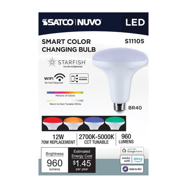 SATCO/NUVO Starfish 12W LED BR40 Medium E26 Base 2700K-5000K RGBTW 120V 960Lm 90 CRI Dimmable White (S11105)