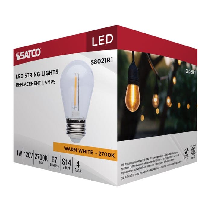 SATCO/NUVO 1W LED String Light Replacement S14 Lamp Medium E26 Base 67Lm 2700K 120V Non-Dimmable Clear 4-Pack (S8021R1)