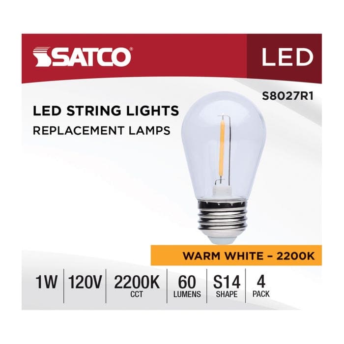 SATCO/NUVO 1W LED String Light Replacement S14 Lamp Medium E26 Base 60Lm 2200K 120V Non-Dimmable Clear 4-Pack (S8027R1)