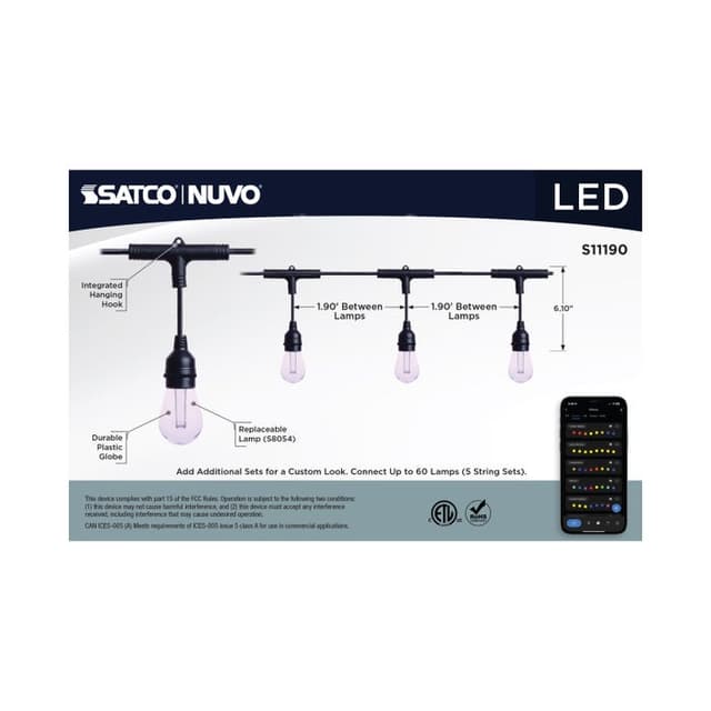 SATCO/NUVO 24 Foot Smart LED String Light With Starfish Technology [12] S14 Lamps RGBTW 120V Dimmable Black Wire (S11190)
