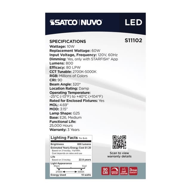 SATCO/NUVO Starfish 10W LED G25 Medium E26 Base 2700K-5000K RGBTW 120V 800Lm 90 CRI Dimmable White (S11102)