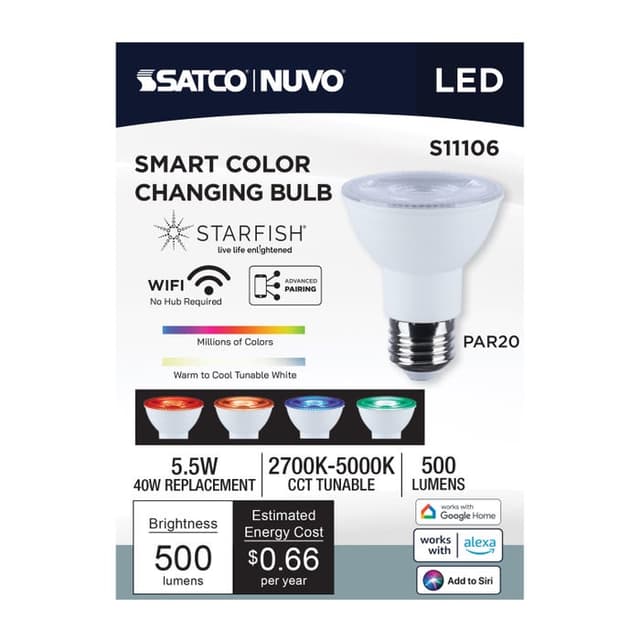 SATCO/NUVO Starfish 5.5W LED PAR20 Medium E26 Base 2700K-5000K RGBTW 120V 500Lm 90 CRI Dimmable White (S11106)