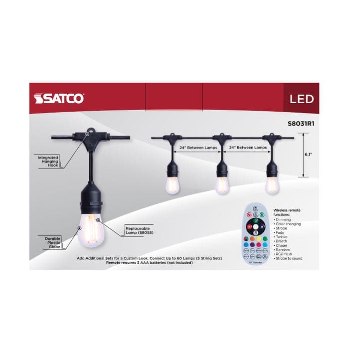 SATCO/NUVO 24 Foot LED String Light [12] S14 Lamps RGBTW 120V Dimmable Black Wire Infrared Remote (S8031R1)