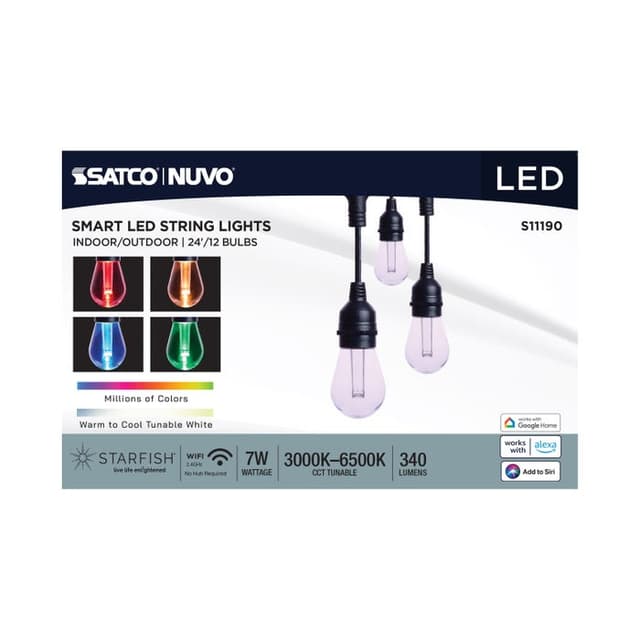 SATCO/NUVO 24 Foot Smart LED String Light With Starfish Technology [12] S14 Lamps RGBTW 120V Dimmable Black Wire (S11190)