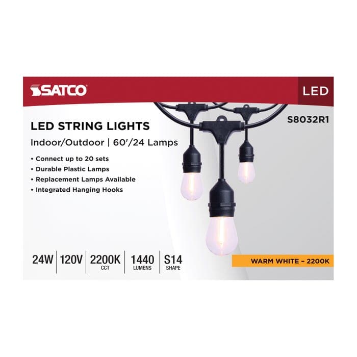 SATCO/NUVO 60 Foot LED String Light [24] S14 Lamps 2200K 120V Non-Dimmable Black Wire (S8032R1)