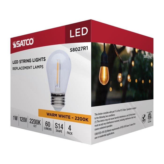 SATCO/NUVO 1W LED String Light Replacement S14 Lamp Medium E26 Base 60Lm 2200K 120V Non-Dimmable Clear 4-Pack (S8027R1)