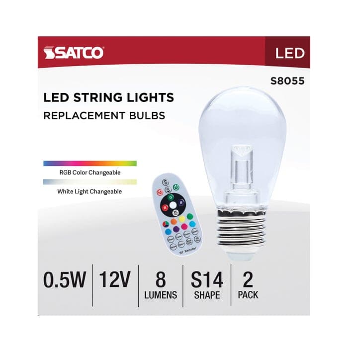 SATCO/NUVO 0.5W LED String Light Replacement S14 Lamp Medium E26 Base 8Lm RGBTW 12V Dimmable Clear 2-Pack (S8055)