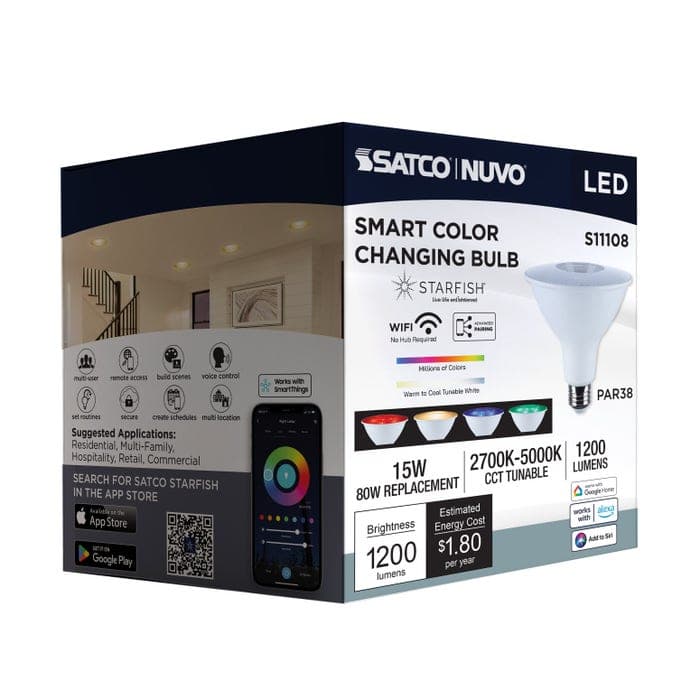 SATCO/NUVO Starfish 15W LED PAR38 Medium E26 Base 2700K-5000K RGBTW 120V 1200Lm 90 CRI Dimmable White (S11108)