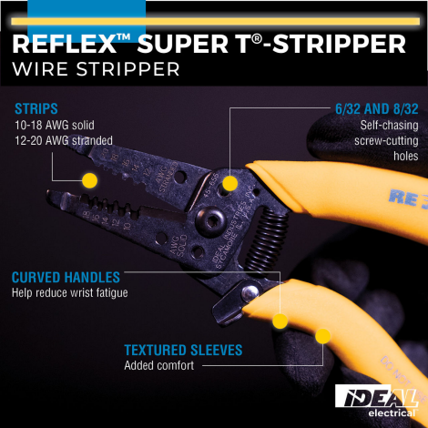 Ideal Reflex Super T-Stripper Wire Stripper 10-18 AWG Solid/12-20 AWG Stranded (45-655)