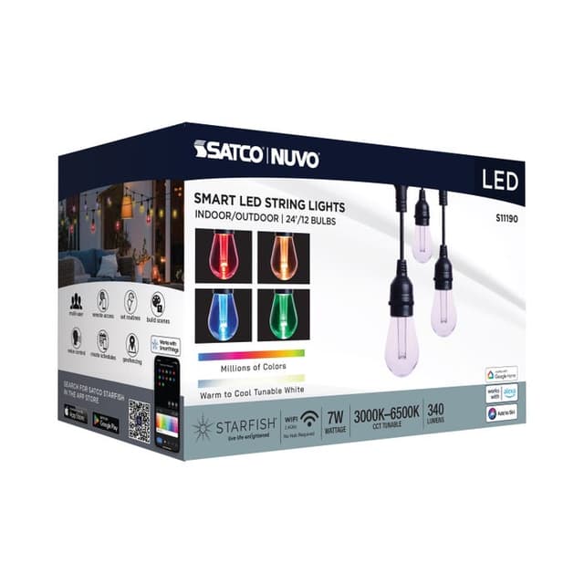 SATCO/NUVO 24 Foot Smart LED String Light With Starfish Technology [12] S14 Lamps RGBTW 120V Dimmable Black Wire (S11190)