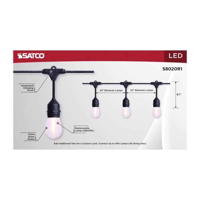 SATCO/NUVO 24 Foot LED String Light [12] S14 Lamps 2700K 120V Non-Dimmable Black Wire (S8020R1)