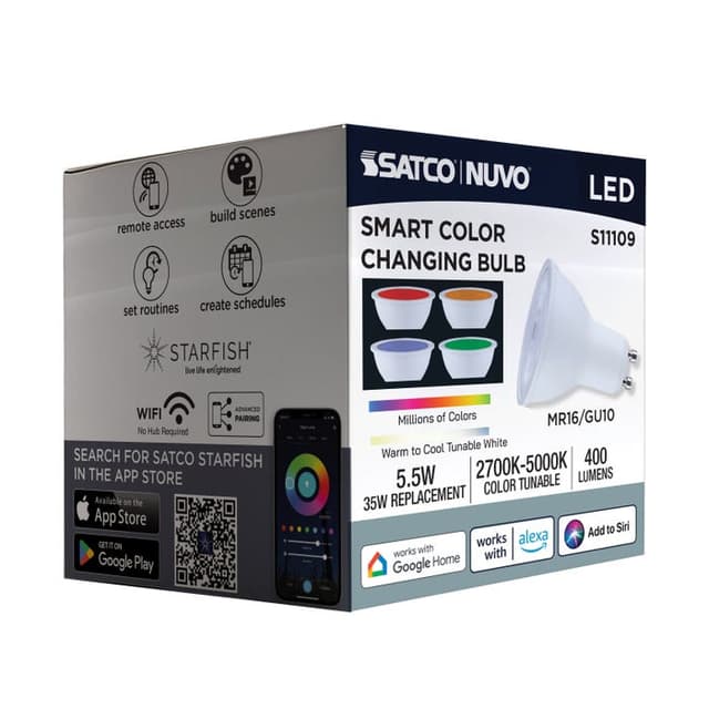 SATCO/NUVO Starfish 5.5W LED MR16 GU10 Base 2700K-5000K RGBTW 120V 400Lm 90 CRI Dimmable White (S11109)